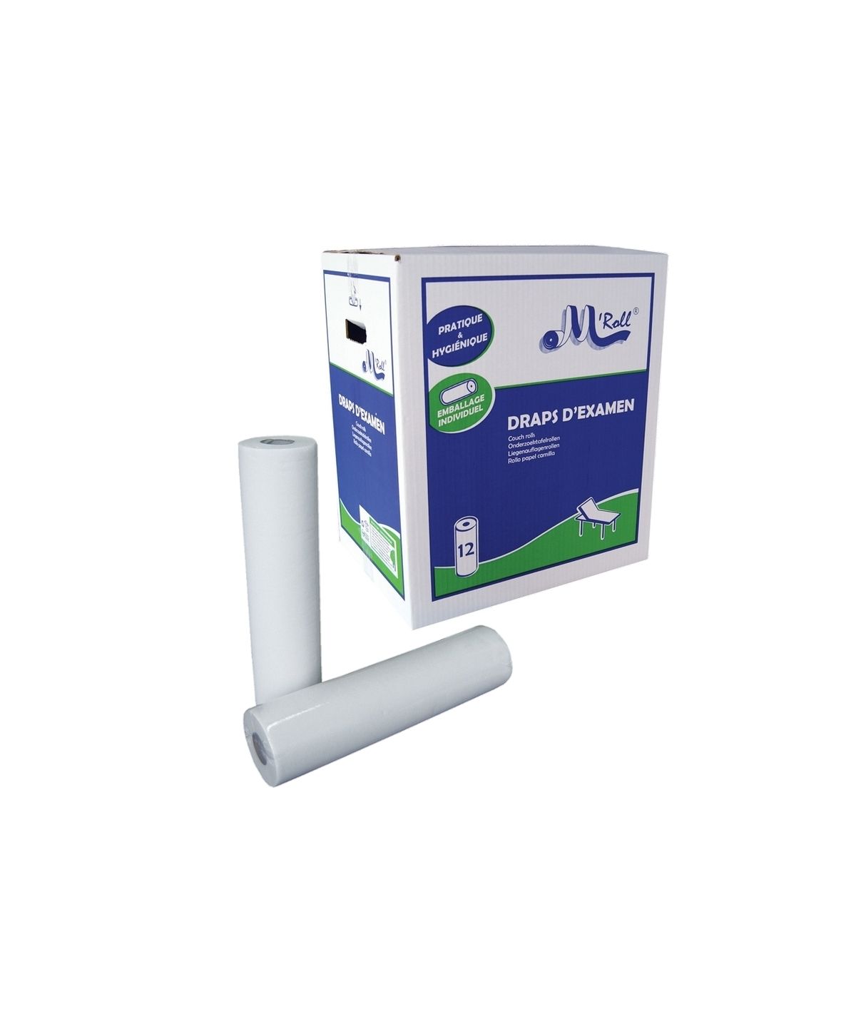 Draps d'examen lisses - Prédécoupe longue 190 x 50 - Global Hygiène J280 - Carton de 12 rouleaux